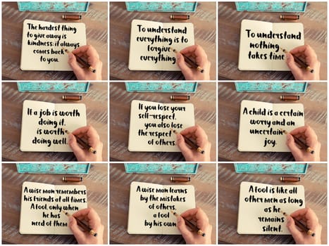 Photo collage of inspirational concept images, woman hand writing motivational quotes on a notebook