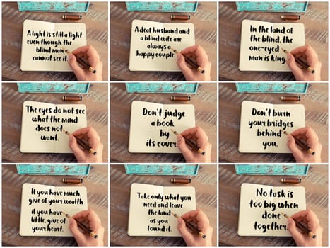 Photo collage of inspirational concept images, woman hand writing motivational quotes on a notebook