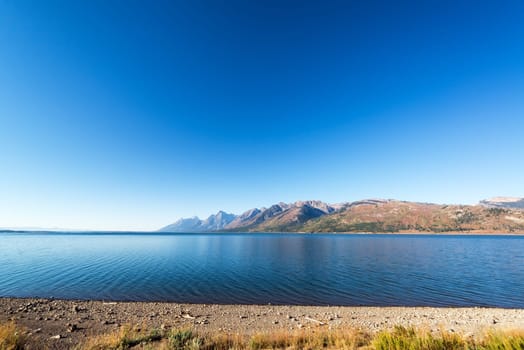 Wide angle view of Jackson Lake and the Teton Range in Grand Teton National Park