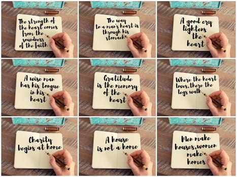 Photo collage of inspirational concept images, woman hand writing motivational quotes on a notebook