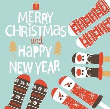 Family feet in Christmas socks. Winter holiday concept. Happy new year Greeting Card. Vector illustration.