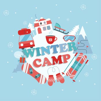 Christmas Holiday and Travel themed Camp poster in flat style , Winter camp banner vector illustration.