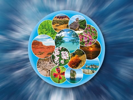 The collage on the theme of travel and tourism - views of beautiful planet earth