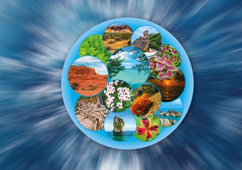 The collage on the theme of travel and tourism - views of beautiful planet earth