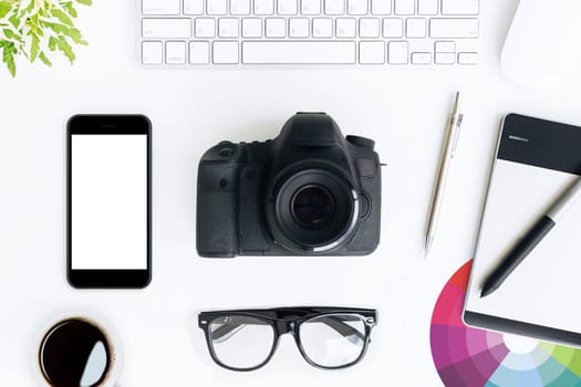 photographer white desk on top view