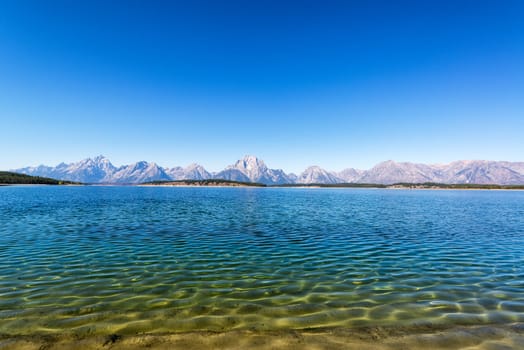 View from the shore of Jackson Lake with the Teton Range in the background in Grand Teton National Park
