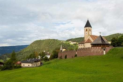 Seis Am Schlern, IT- September, 18. Panoramic view of Holy Cross Parish of Seis Am Schlern