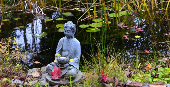 colorful autumn in the garden by a pond with a Buddha