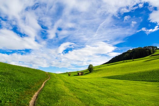 Panoramic view of green fields, blue sky with clouds in Seiser Alm