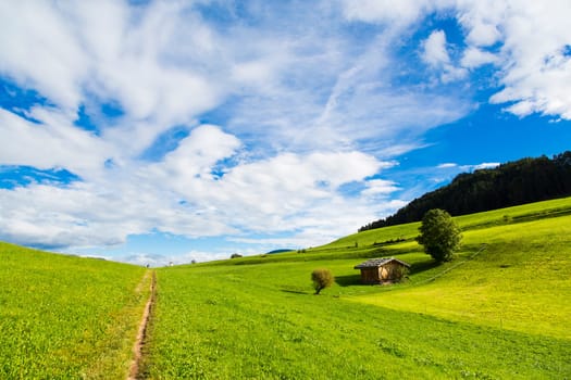 Panoramic view of green fields, blue sky with clouds in Seiser Alm