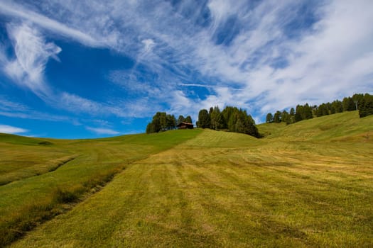 panoramic view of the Seiser Alm in a sunny day with blue sky and clouds