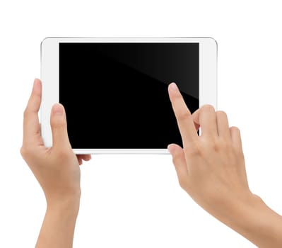 close-up hand holding tablet isolated white background clipping path inside