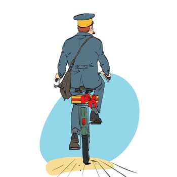 Retro postman on bike rides with sending gift. A professional employee. Mail and message delivery. Holidays and events