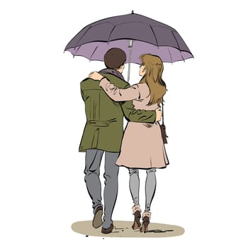 Back a couple man and woman walking under an umbrella, color illustration isolated vector. Love and romance. Autumn seasons