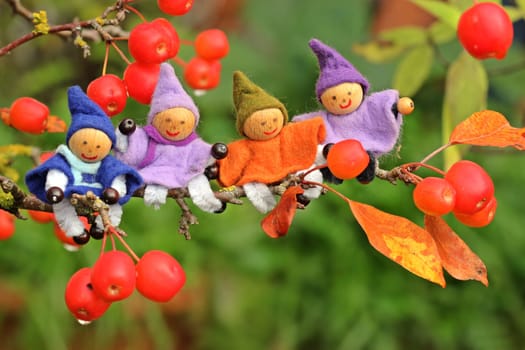 Four little elves sit in the bonsai apple tree