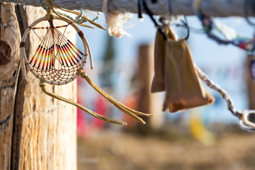 Dreamcatcher blowing in the wind at Medicine Wheel National Historic Landmark in Wyoming