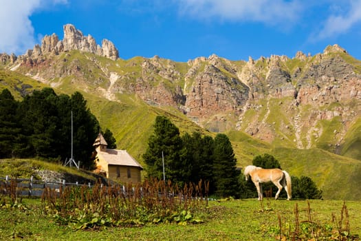 Mountain landscape wiyh horse in the foreground with church and mountains in the background in a sunny  day