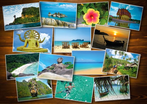 Thai travel, tourism concept - collage of Thailand images on wooden background