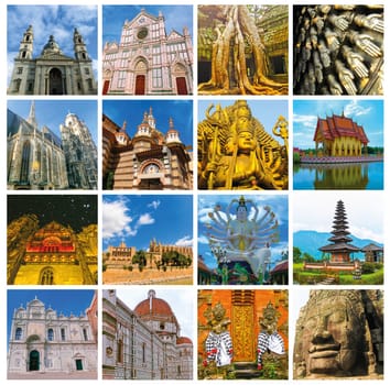World Monuments Collage - from different religions from Bali, Thailand, Cambodia at Asia and Florens, Spain, Venice in Europe