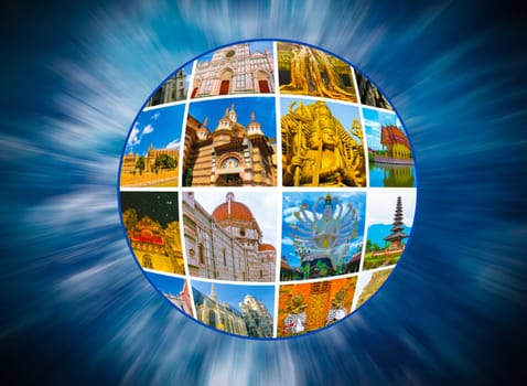 World Monuments Collage - from different religions from Bali, Thailand at Asia and Florens, Spain in Europe