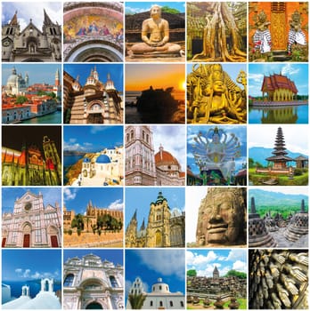 World Monuments Collage - from different religions from Bali, Thailand, Cambodia at Asia and Florens, Spain, Santorini, Venice in Europe