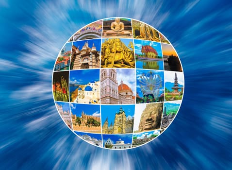 World Monuments Collage - from different religions from Bali, Thailand at Asia and Florens, Spain in Europe