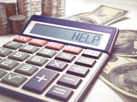 Solar calculator amid dollars and coins showing on the digital display the word "HELP"". 3D illustration with several concepts: Help finances, Help business, Help money, Help bank, etc."