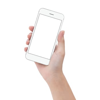 close-up hand hold phone isolated on white, mock up smartphone blank screen easy adjustment with clipping path