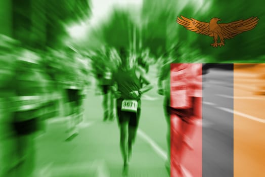 marathon runner motion blur blending with zambia flag