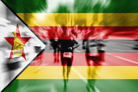 marathon runner motion blur blending with zimbabwe flag