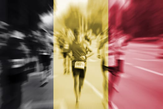 marathon runner motion blur blending with belgium flag