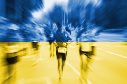 marathon runner motion blur blending with ukraine flag