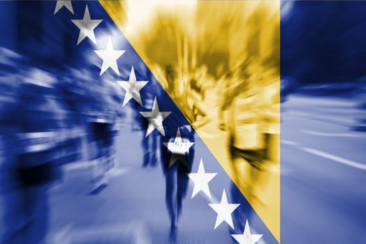 marathon runner motion blur blending with bosnia & herzegovina flag