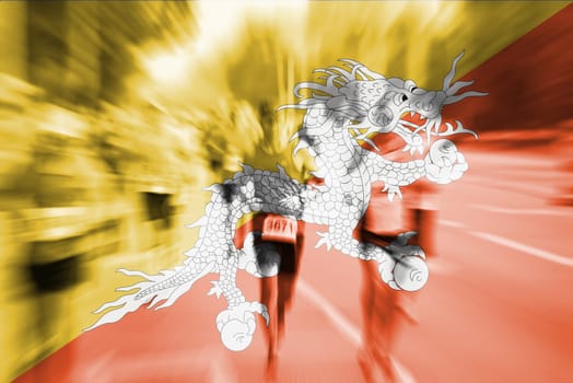 marathon runner motion blur blending with bhutan flag