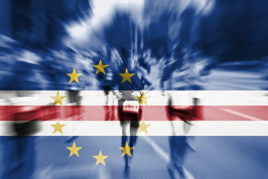 marathon runner motion blur blending with cape verde flag