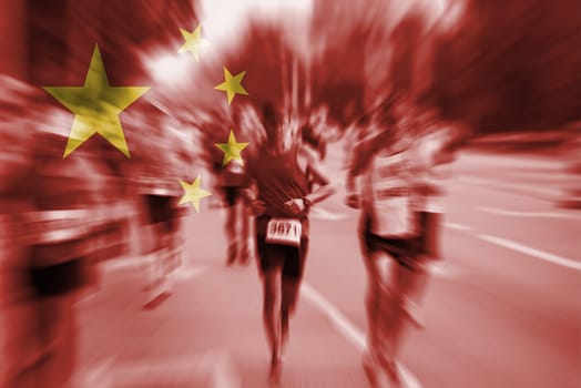 marathon runner motion blur blending with china flag