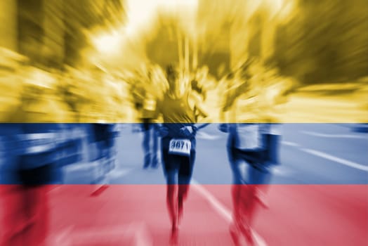 marathon runner motion blur blending with colombia flag