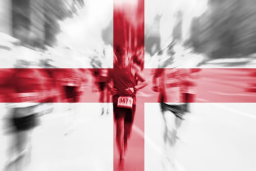 marathon runner motion blur blending with england flag