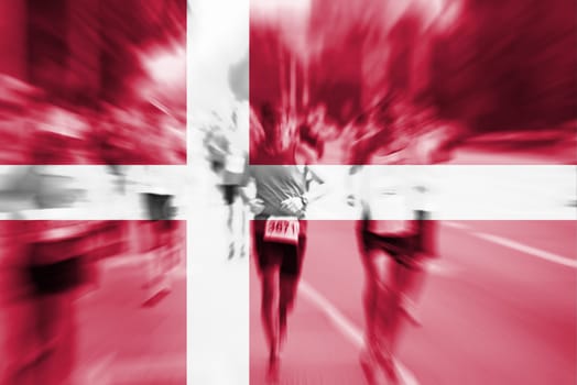 marathon runner motion blur blending with denmark flag