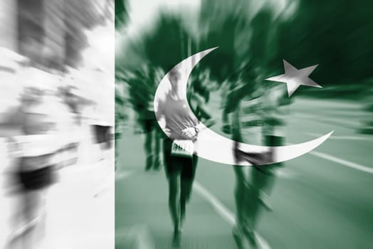 marathon runner motion blur blending with pakistan flag