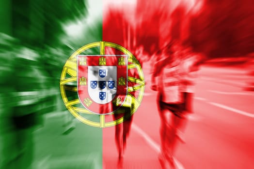 marathon runner motion blur blending with portuga flag
