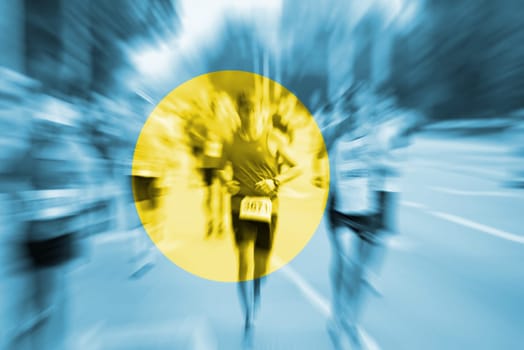 marathon runner motion blur blending with palau flag
