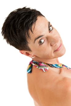 Head-and-shoulder view of a black-haired woman with a free shoulder from the right back against a white background smiling into the camera.