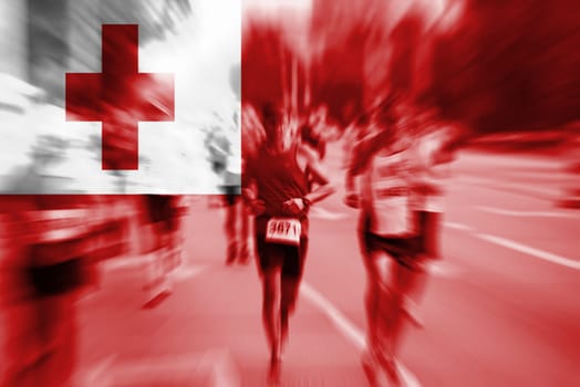 marathon runner motion blur blending with tonga flag