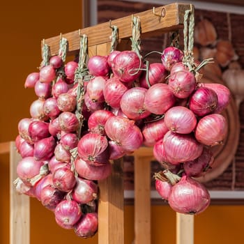 Red onion braids sold in Italy in the Farmer's Market.