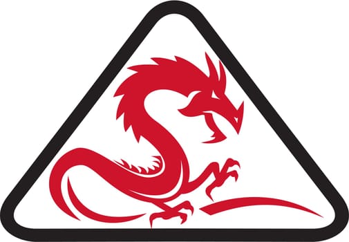Illustration of a silhouette of a red dragon viewed from the side set inside triangle shape on isolated background done in retro style.