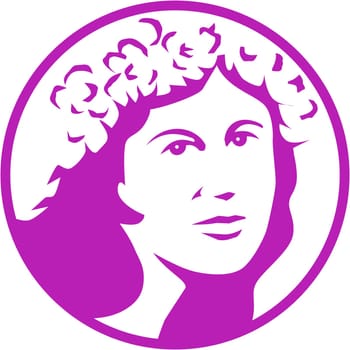 Illustration of a woman with crown of flowers viewed from front set inside circle done in retro style.