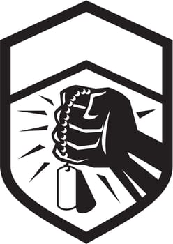 Illustration of a clenched fist clutching holding dogtag set inside shield crest done in black and white retro style.