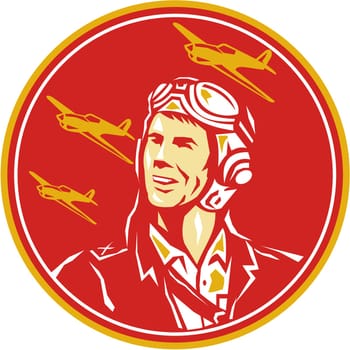 Illustration of a world war two pilot airman aviator smiling looking to the side with fighter planes in the background set inside circle done in retro style.