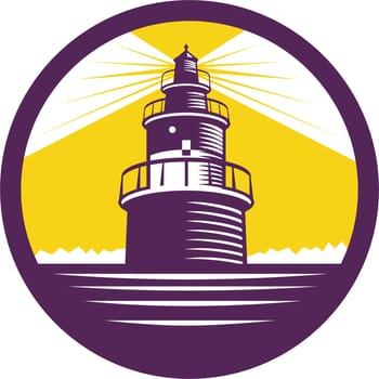 Illustration of a lighthouse viewed from front set inside circle done in retro woodcut style.
